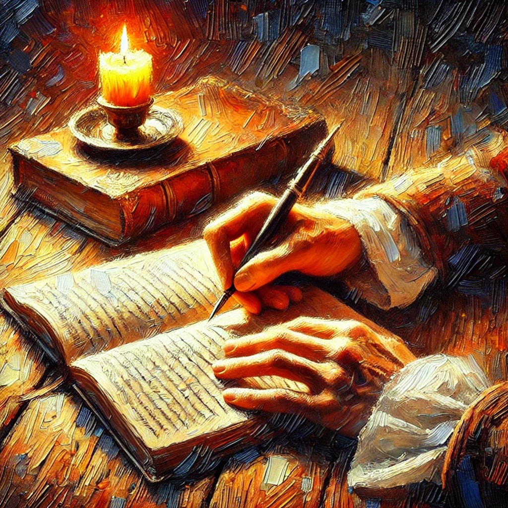 A historical view of writing in a book by candlelight, hands holding a pen, creating a deep and nostalgic atmosphere.