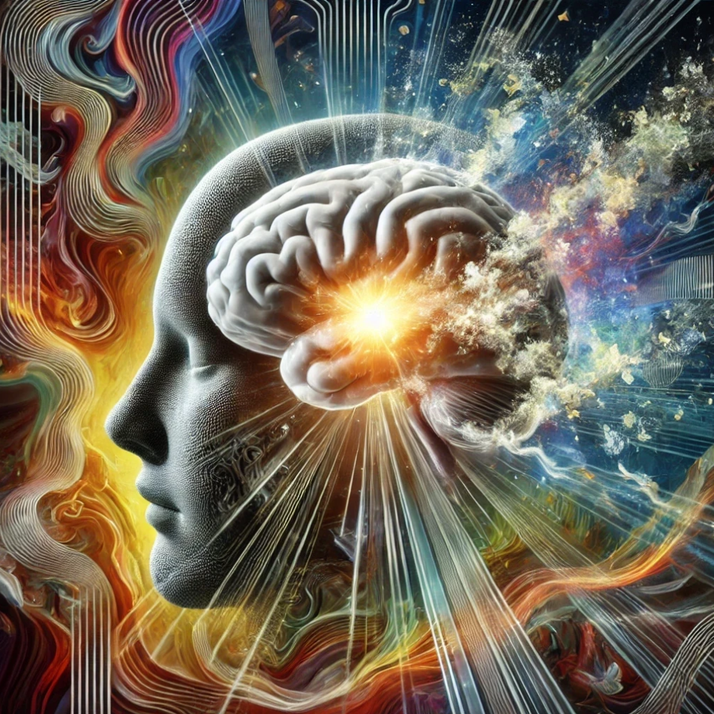 Surrealistic head with a glowing brain, symbolizing focus and the elimination of distractions.
