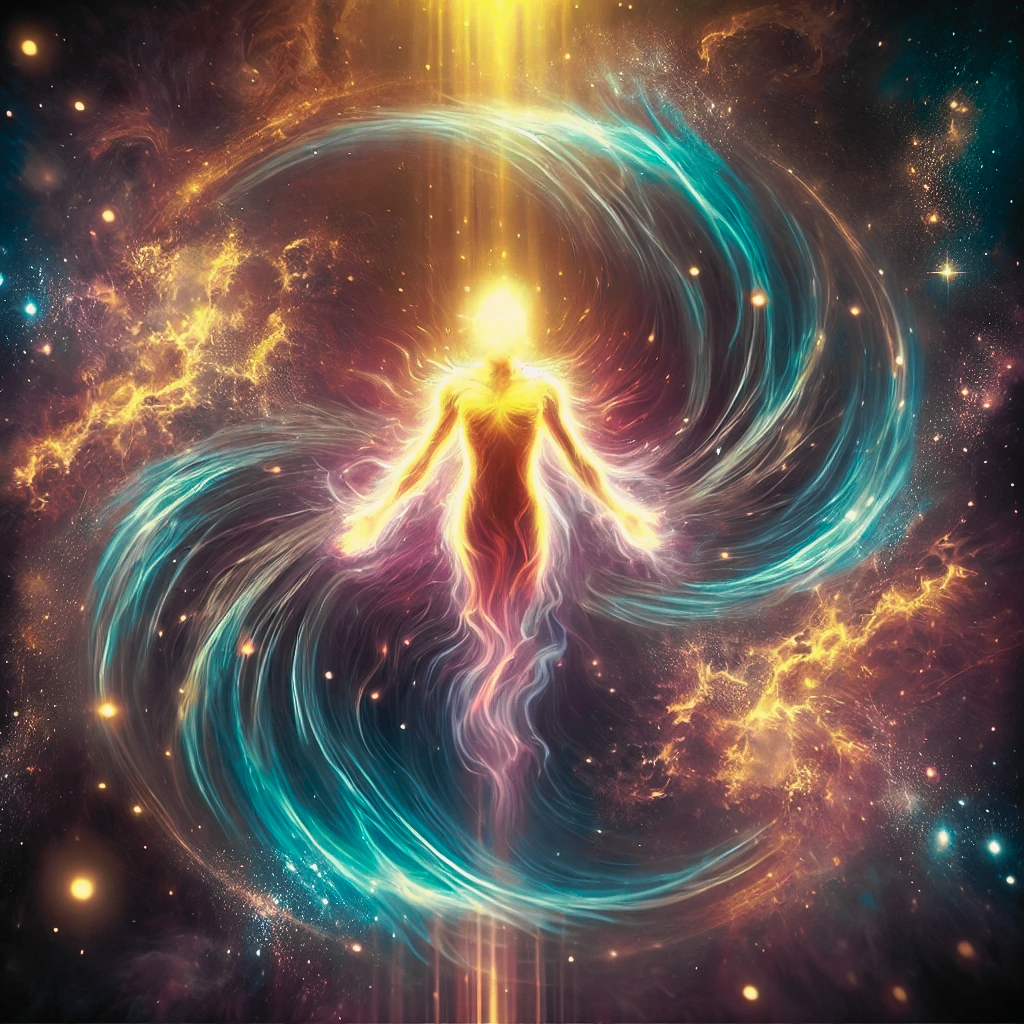 A glowing figure with a vibrant aura against a cosmic backdrop of nebulas and stars, symbolizing unity with the universe.