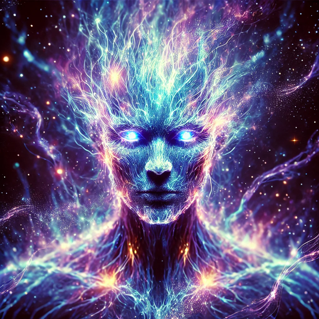 Vibrant mystical humanoid figure glowing with cosmic energy, symbolizing the manifestation of dreams and inner potential.