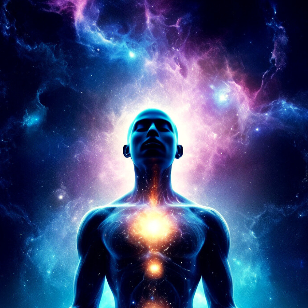 A glowing human silhouette with illuminated energy centers (chakras) radiating vibrant light, set against a mystical cosmic background with swirling nebulae in purple and blue hues. The image symbolizes spiritual awakening and connection to the universe.