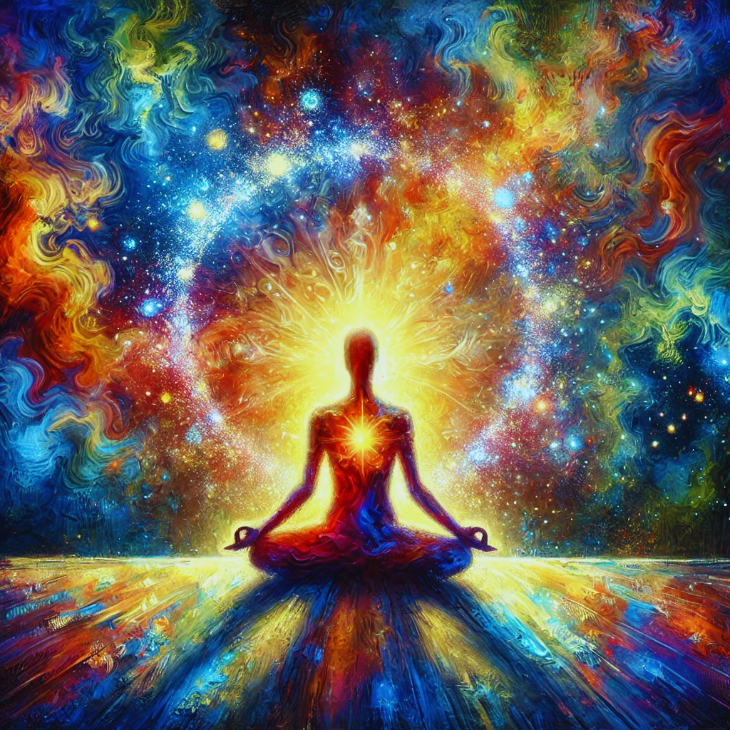 A meditating figure with a glowing aura, depicted in a rich acrylic painting style, symbolizing spiritual growth and personal discovery.