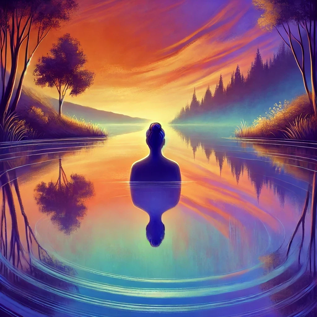 A serene scene of a person gazing at their reflection in a calm lake at dusk, with vibrant colors and glowing highlights creating a magical atmosphere.