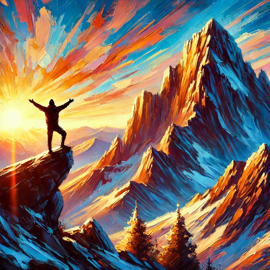 Acrylic painting of a person standing triumphantly on a mountain peak during sunrise, symbolizing achievement, growth, and inspiration.